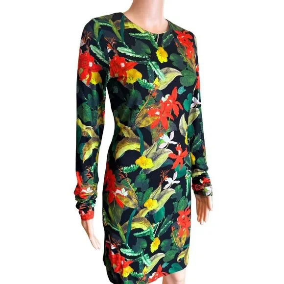 Alice + Olivia Delora Dress 8 Tropical Floral Print Bodycon Mini Long Sleeve NWT